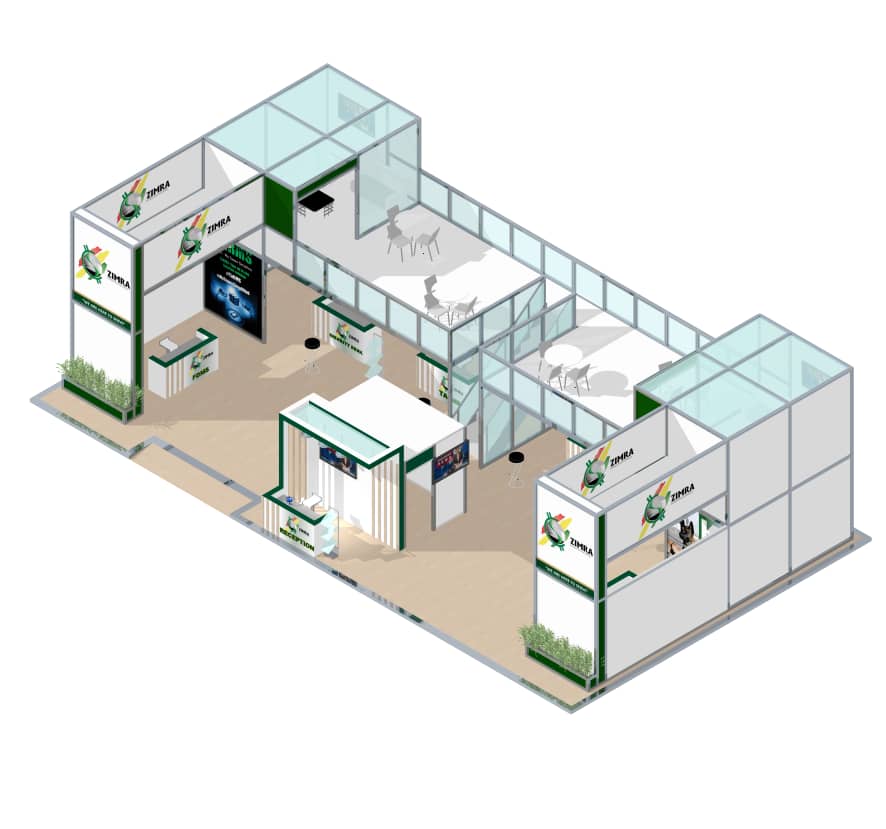 ZIMRA exhibition pavilion with glazed upper meeting areas and branded reception zones
