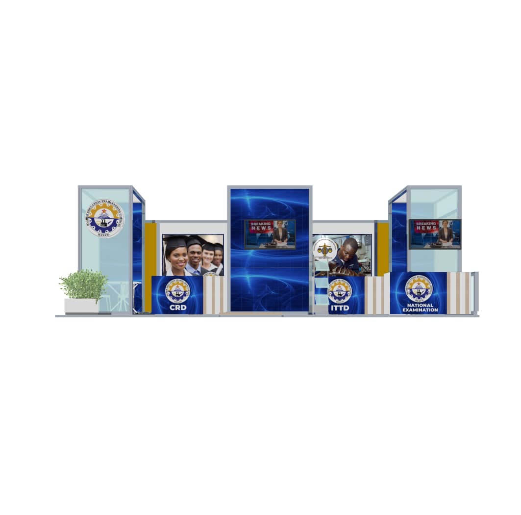 ZIMSEC exhibition stand with blue graphic panels and departmental counters